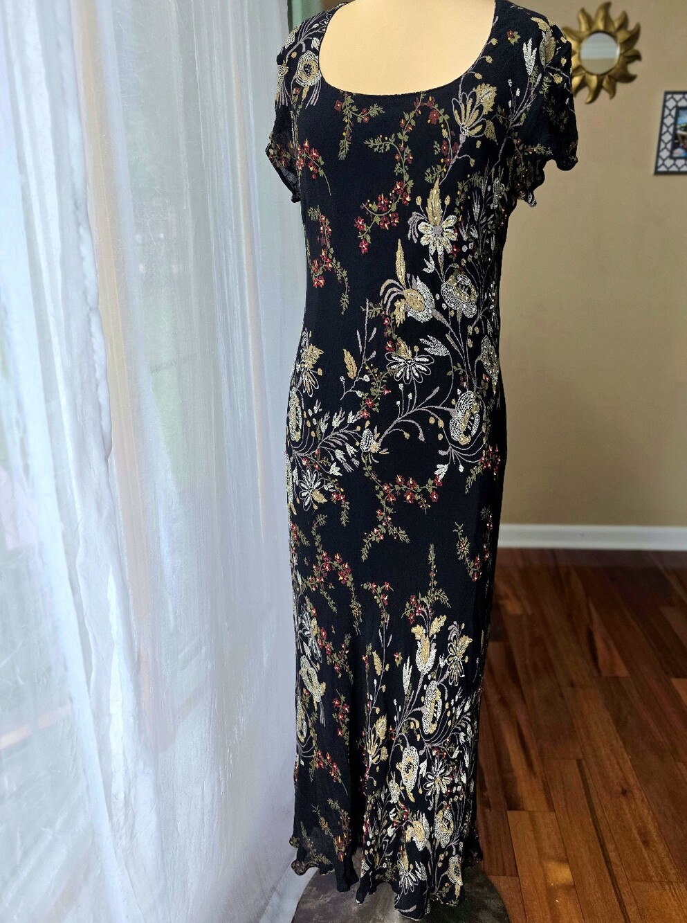 Vintage 90s Eva Blue Black Beaded Floral Maxi Dress Whimsigoth Fairy Size 12